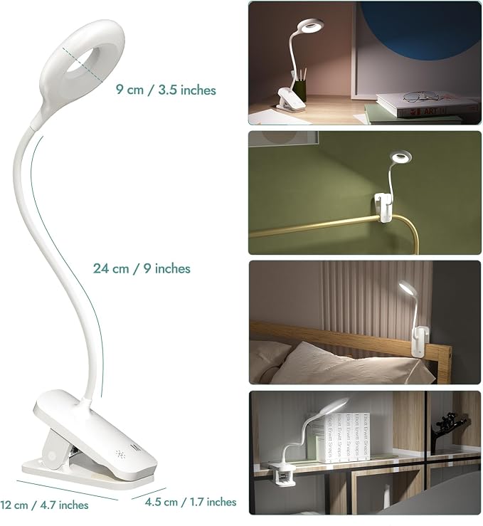 CUHIOY 2Pack Rechargeable Clip on Reading Light for Bed Headboard, White | 5 Colors 5 Brightness Bed Light, Battery Flexible Arm Table Lamp with Clamp, Flicker-Free LED Book Light at Night, Crafting