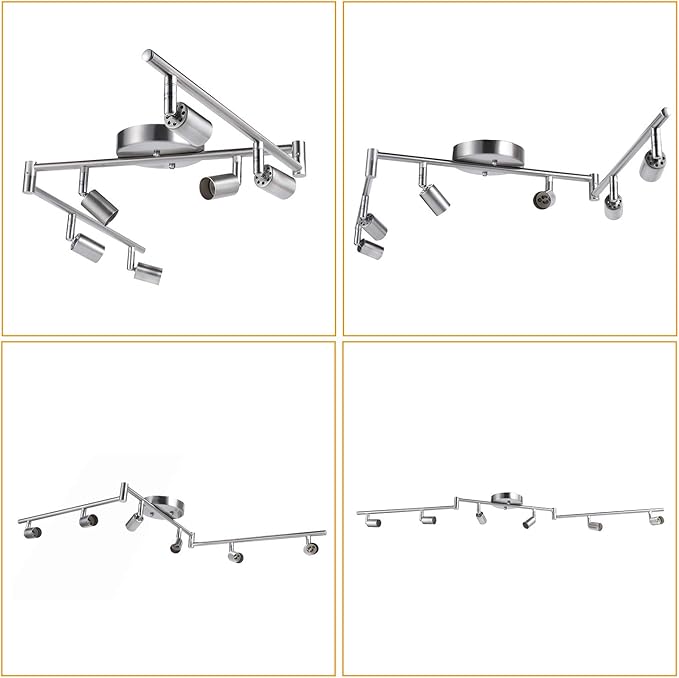 AIBOO 6-Light Adjustable Dimmable Track Lighting Kit, Flexible Foldable Arms,Satin Nickel Kitchen,Hallyway Bed Room Lighting Fixture, GU10 Base Bulbs not Included