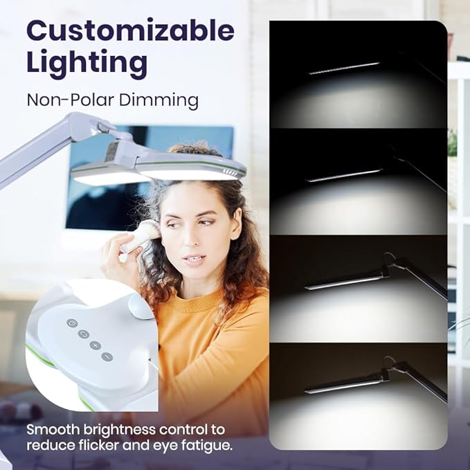 Neatfi Elite HD XL LED Desk Lamp | 3 Light Modes | Non-Polar Dimming | Eye-Caring Desk Light for Home Office, Drafting, Beauty Shop, Workbench (CCT with Clamp, Green Ring, 17 Inches)