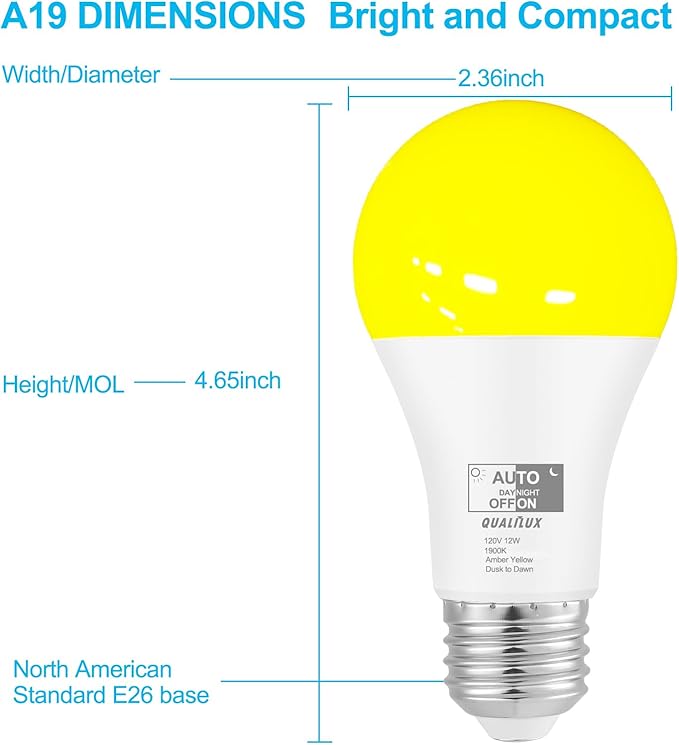 Dusk to Dawn Light Bulbs, Auto On/Off Light Sensing LED Bulbs Outdoor, Amber Yellow Bug Light, A19 2-Pack, 12W 800LM 60W Equivalent, HQ-H019