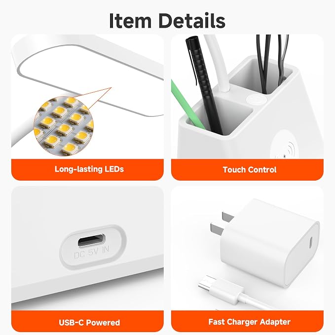 Desk Lamp with Fast Wireless Charger, College Dorm Room Table Light | 18 in, Adjustable LED, White, Small, Cute, for Home Office