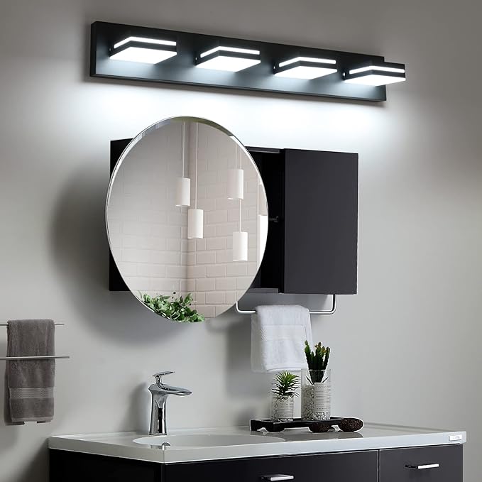 SineRise LED Modern Bathroom Vanity Light Fixtures (4-Light, 30-Inch), Matte Black Modern Acrylic Bathroom Wall Lighting Fixtures Over Mirror (Cool White 6000K)
