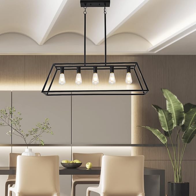 Farmhouse Rectangle Chandeliers for Dining Rooms, Modern Linear Hanging Light Fixture Matte Black 5-Light Industrial Pendant Lighting for Kitchen Island