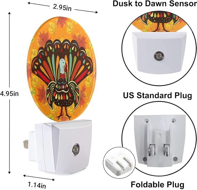 EKOBLA Thanksgiving Night Light, Turkey and Fall Maple Leaf Night Lights Plug Into Wall with Auto Sensor, 0.5W Sleep Friendly