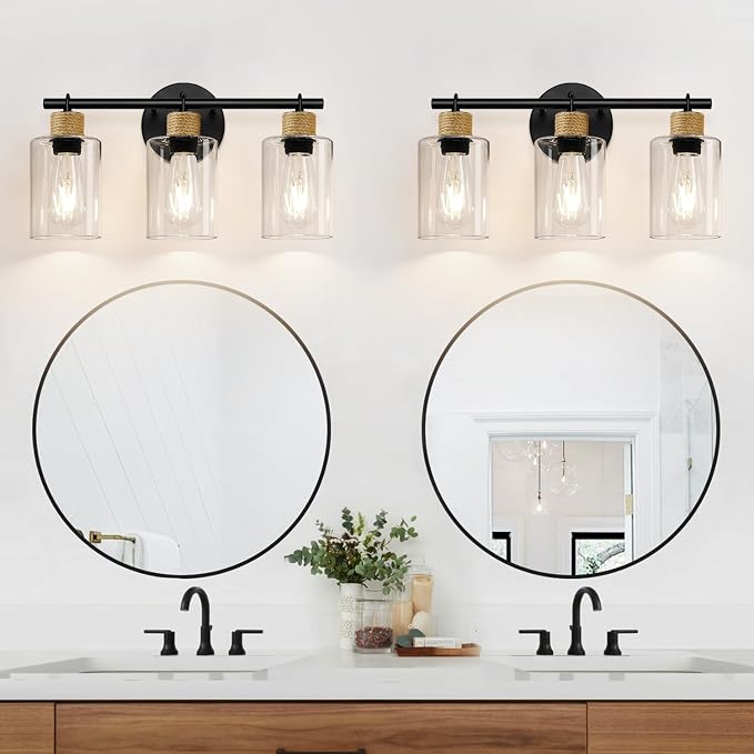 MOKATNG Bathroom Light Fixtures, 3-Light Farmhouse Vanity Lights with Hemp Rope, Black Bathroom Wall Lamp for Mirror Kitchen Hallway Cabinet