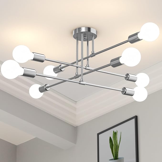 Modern Sputnik Chandelier Ceiling Light Fixtures, 8-Lights Mid Century Industrial Metal Semi Flush Mount for Dining Room, Bedroom, Living Room-Glossy Silver
