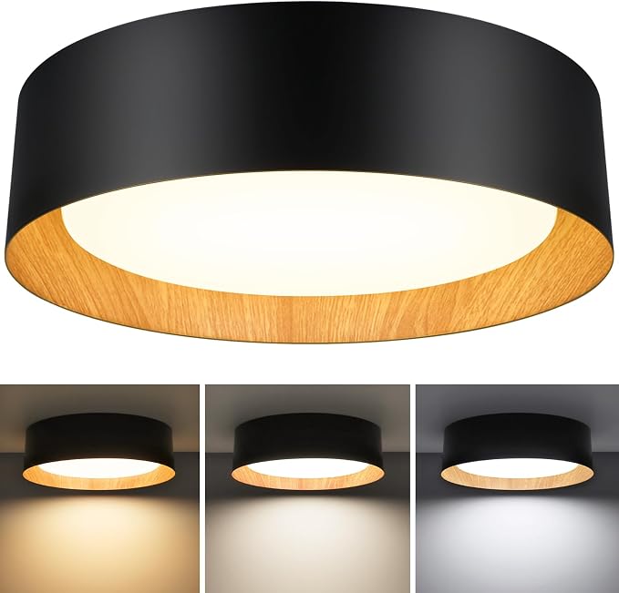 BrightHome Flush Mount Ceiling Light, 13in Modern Ceiling Light 3/4/5000K | 25W Bathroom Ceiling Light Fixture, 2600LM Dimmable LED Flush Mount Light for Bedroom, Hallway, Kitchen, Black & Wood