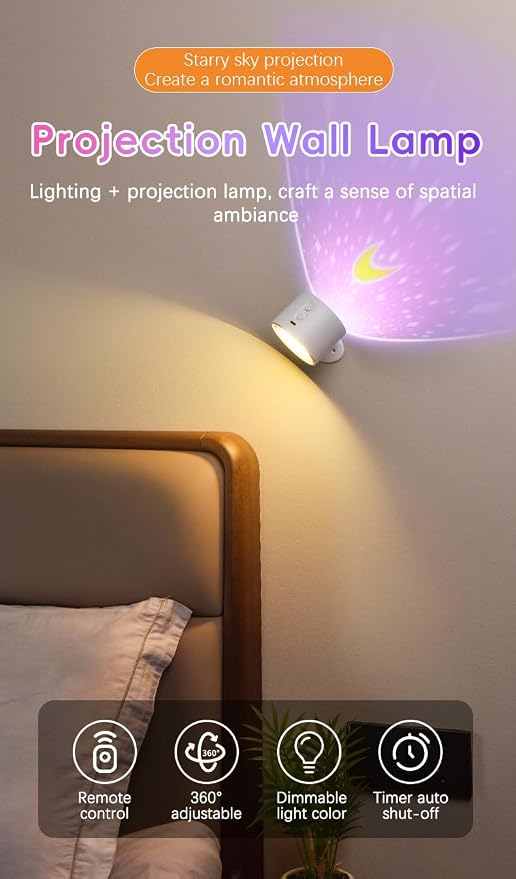 LED Wall Mount Light with Projection Rechargeable Wall Light, 3 Color Temperatures, Remote Control and Touch, 360° Rotating Dimmable Cordless Wall Light for Study Bedroom Reading Bedside (white)