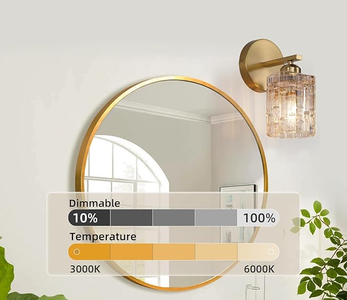 1-Light Modern Brushed Gold Crystal Wall Sconce, Hardwired Indoor Bathroom Vanity Light Fixture, Crystal Over Mirror Wall Lamp for Living Room, Bedroom, Hallway