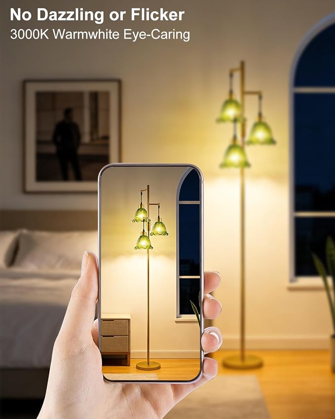 Lightdot Glass Floor Lamps for Living Room, 3-Light Dimmable Floor Lamp with Green Glass Shade& E12 Bulbs Included, Mid Century Standing Tall Lamp with 5Lbs Heavy Base for Bedroom/Sofa Beside-Gold