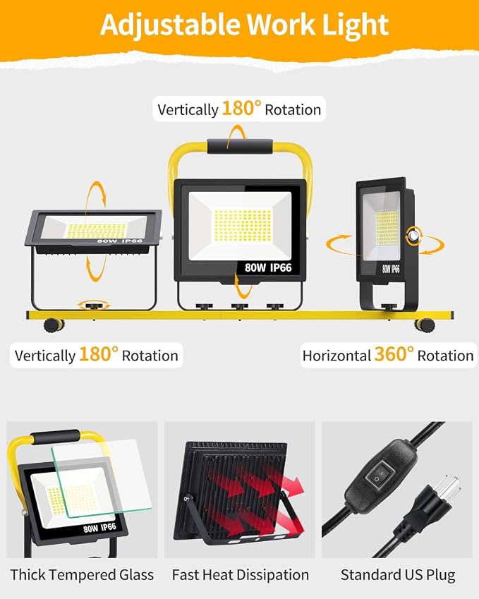 26400LM Work Lights with Stand, Adjustable IP66 for Constructio Job Sites | 3 Adjustable Head Portable Worklight with 26FT Cord Switch and Foldable Tripod, Waterproof 5000K for Outdoor Workshops Garage