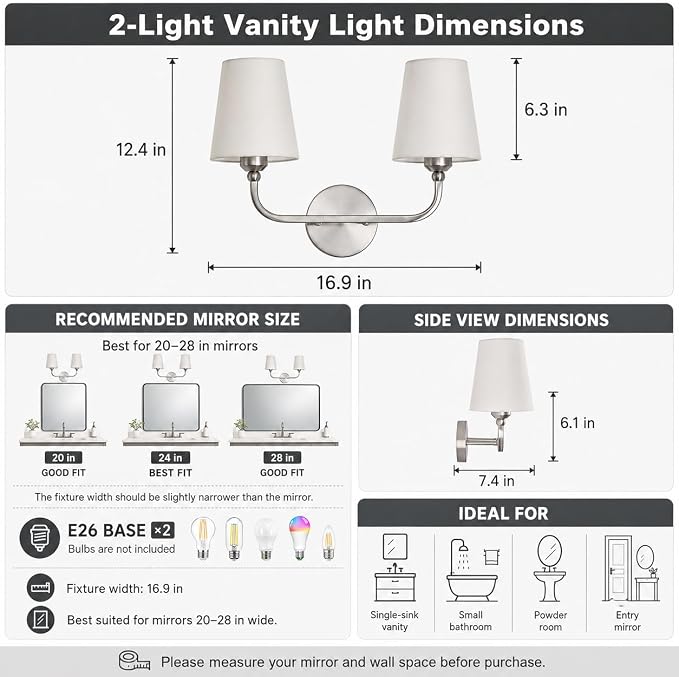 Bathroom Vanity Light Brushed Nickel Bathroom Lighting Fixtures Over Mirror | 2-Light Bathroom Light Fixtures with Flared White Fabric Shade, E26 Socket (ETL Listed)