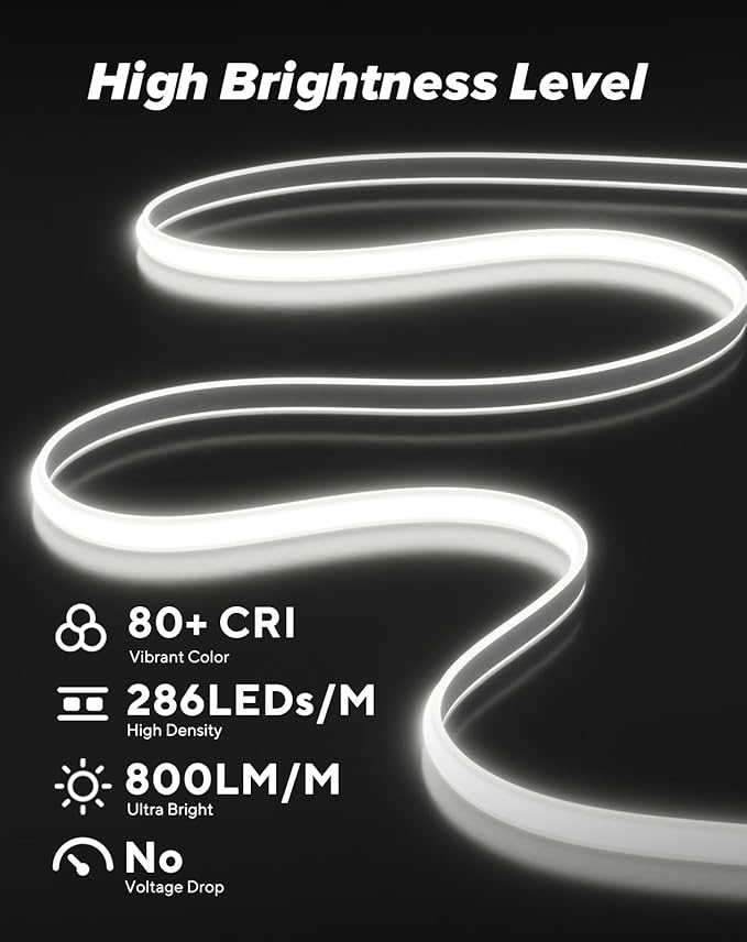 Shine Decor COB LED Rope Light AC 120V, 800lm Ultra Bright, IP65 Waterproof Cold-Resistant ETL Neon Strip, No Driver Tape Lighting for Home Commercial 10x4.5mm, 6000K Cool White, 98.4ft