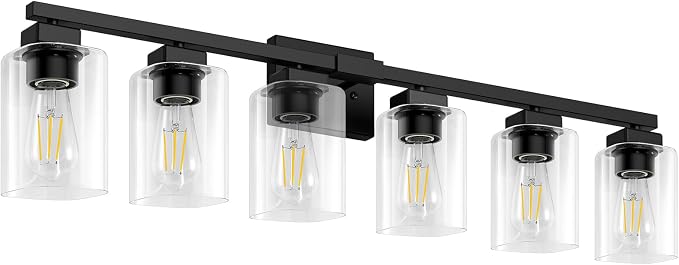 37” Bathroom Light Fixtures Over Mirror,6-Light Black Vanity Light | Large Size, Square Clear Glass & Durable Metal, Quick & Easy Installation, Standard E26 Socket, Bright Bathroom Lighting