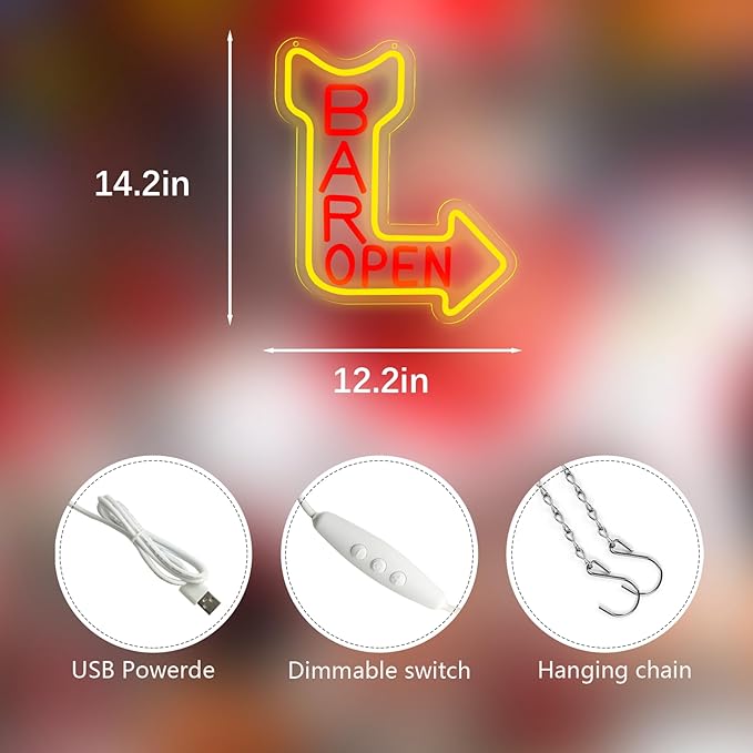 Bar Open Neon Signs for Wall Decor，Open Signs for Business,Led Neon Light for Man Cave, Bar,Pub，Christmas Birthday Party Gift