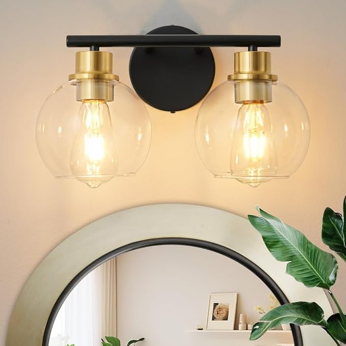 2-Light Bathroom Light Fixtures Black and Gold Vanity Light 13.8 inch Bathroom Lights Over Mirror with Clear Glass Globe Shade, Vanity Lights for Bathroom Kitchen Living Room