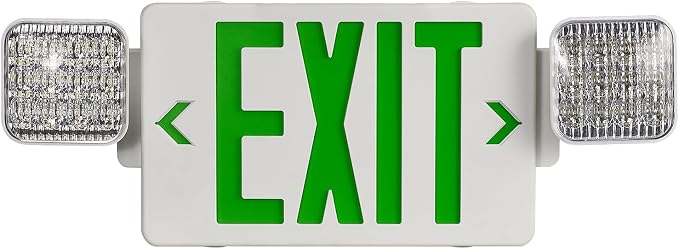 Green LED Exit Sign Emergency Light Combo, UL Listed Battery Backup | UL-listed commercial fire exit sign features 90-min battery backup, 360° rotating dual heads, and easy dual-mount setup.