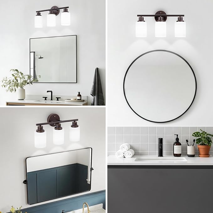 3-Light Bathroom Light Fixtures, Oil-Rubbed Bronze Gold Vanity Lights for Mirror with Textured Milky White Glass Shade, Modern Kitchen Light Fixtures Wall Sconce Light - E26