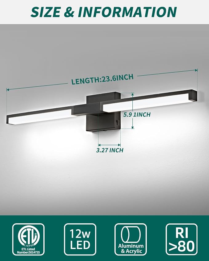 Modern Bathroom Light Fixtures Over Mirror, 24 Inch Matte Black Vanity Light Bar for Bathroom, 12W 5CCT Diammable Wall Light