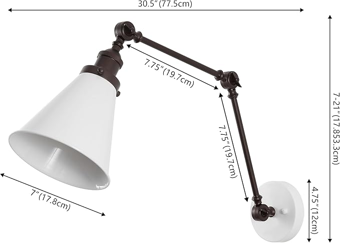 JONATHAN Y 7" White/Oil Rubbed Bronze Classic Industrial Metal Adjustable Arm LED Wall Sconce for Bedside Reading, Farmhouse Swing Arm Wall Lamp with Metal Shade, Hardwired (JYL7462C)