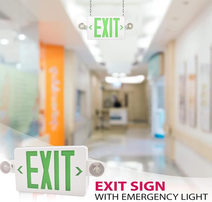LED Exit Sign with Emergency Lights Dual LED Exit Light,Battery Backup | Two Bright LED Adjustable Heads Emergency Exit Lights, Hardwired Dual LED Combo Exit Lamp. ABS Fire Resistance UL Green