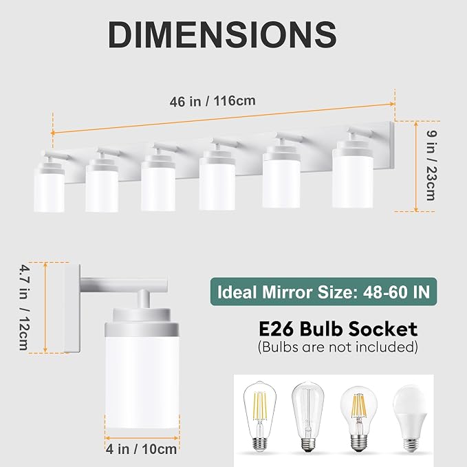 IZORRO Bathroom Vanity Light Fixture, 6-Light 46 Inch White Bathroom Light Fixtures Over Mirror, with White Glass Shade, Modern Farmhouse Vanity Lights, Rustic Restroom Lighting Fixtures