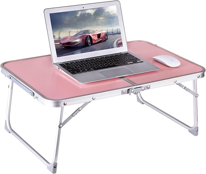Foldable Laptop Desk, Portable Bed Table with Hidden Storage, Pink | 23.6 x 15.3 in Work Surface, Hidden Storage, Aluminum Frame, Anti-Slip Feet, Carry Handle, Safety Locks