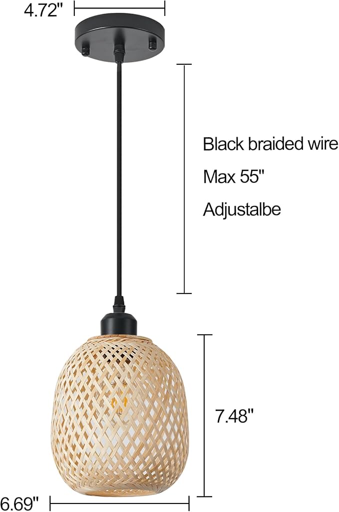 1pcs Hand Woven Bamboo Boho Chic Pendant Light,Adjustable Cord Bamboo Rattan Ceiling Hanging Light for Dining Room Bar Cafe Restaurant Craft Room