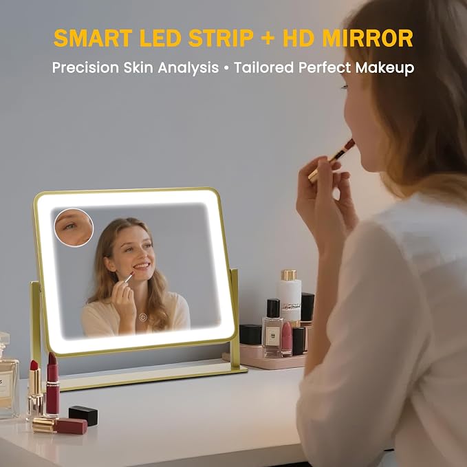 Rechargeable Vanity Mirror with Lights, 3000mAH Battery, 14"×12" LED Makeup Mirror, 10X Magnification, Smart Touch with 3-Color Lighting, 360° Rotation, Lighted Up for Makeup Desk, Bedroom (Gold)