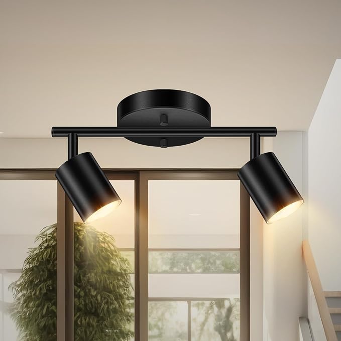 Black Track Lighting Ceiling, 2 Lights Track Lighting for Kitchen, Modern Track Lights Fixtures Ceiling Kit, Rotatable Track Heads, Wall Mount Spot Lighting for Living Room/Bedroom(Bulb Not Included)