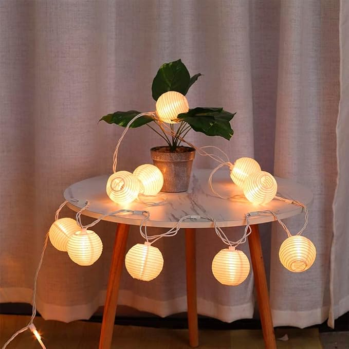 8.5Ft Outdoor White Mini Lantern String Lights, 10 Nylon Lanterns for Patio, Bedroom, Wedding Party Decoration, White Wire