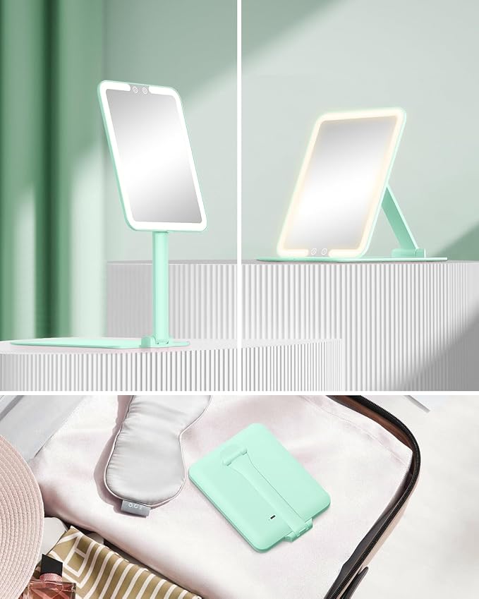 Gospire Travel Makeup Mirror with 3 Lights and Magnification 10X, Green | Compact foldable tabletop cosmetic with smart auto sensor, Adjustable Stand, Dimmable, 2000mAh Rechargeable LED Vanity Mirror