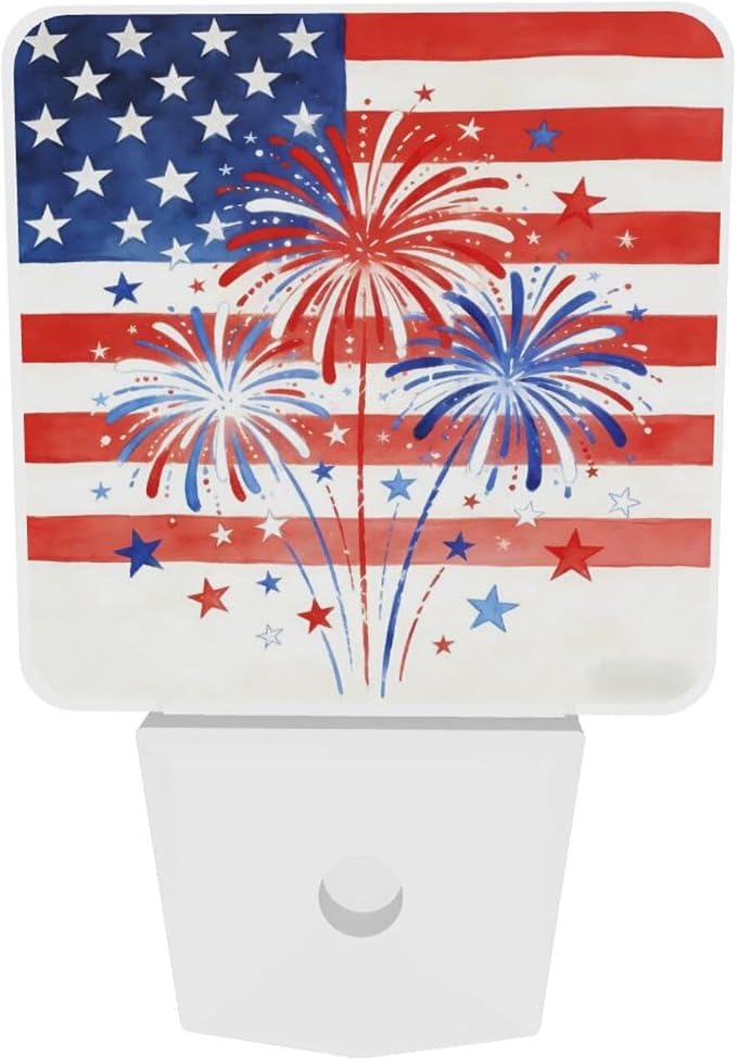 4th of July Patriotic Fireworks Night Light Set of 2 Plug-in | USA Auto Sensor LED Dusk-to-Dawn Nightlights, Sensor Lamp for Bedroom Bathroom Kitchen Hallway Stairs Decorative