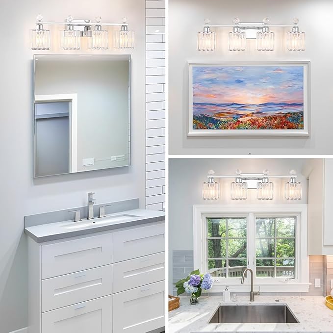 Bathroom Vanity Lights Over Mirror - Easy Installation with Clear Guide, 4-Light Shadow-Free Design, Chrome Crystal Finish - for Modern Home Bathroom Lighting Fixtures in DIY Projects