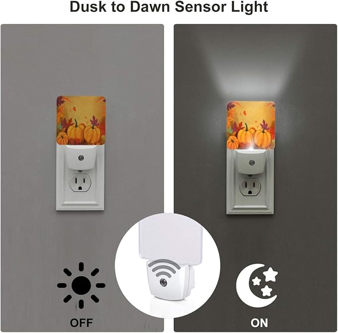 Sunflowers Pumpkins LED Plug-in Night Light 2-Pack, Auto Sensor Emergency Fall Leaf Thanksgiving Nightlights Set of 2 for Dawn Bedroom Kitchen/Dusk Bathroom/Night Stairs Hallway Toilet