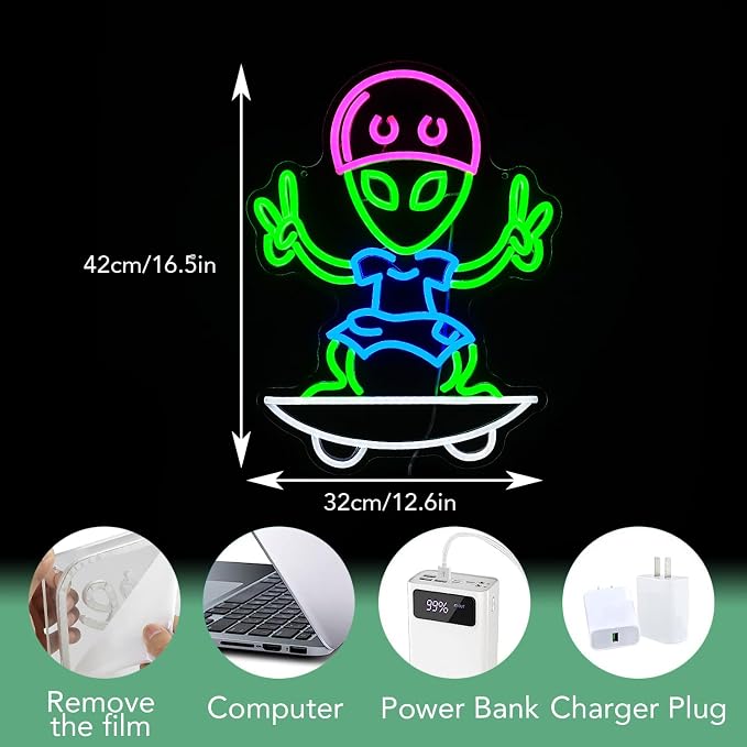 Skateboarding Aliens Neon Sign Aliens Led Neon Light for Wall Decor USB Cool Aliens Light Sign for Game Room Bedroom Man Cave Art Wall Decor(16.5”*12.6”)