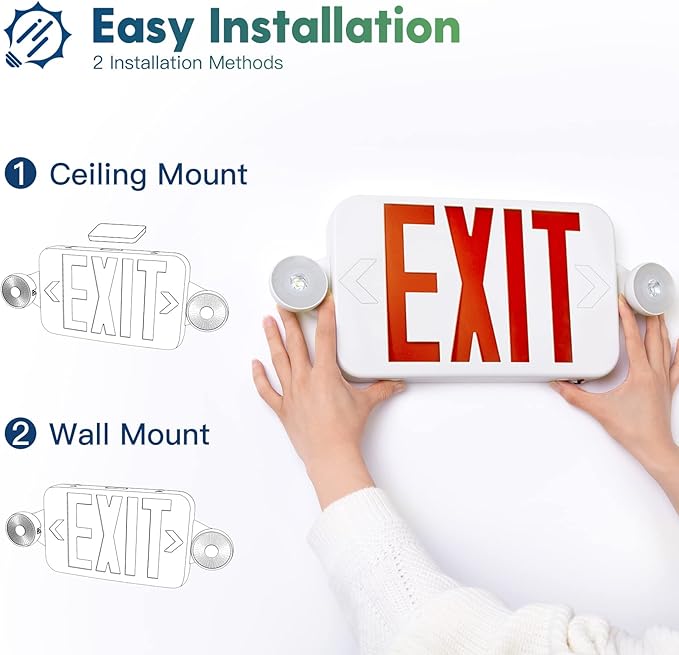 FREELICHT 2 Pack Exit Sign with Emergency Lights, Two LED Adjustable Head Emergency Light with Battery, Exit Sign for Business