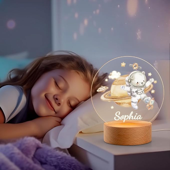 Custom Animal Astronauts Night Light, Personalized Cute LED Light for Kids with Name and Wooden Base Nursery Decor
