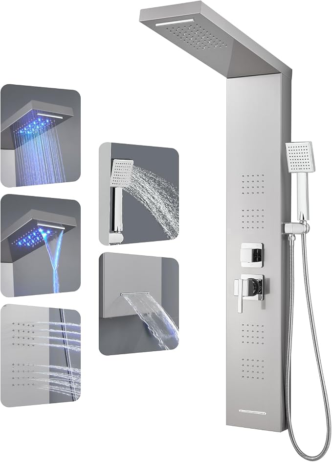 ROVOGO LED Shower Panel Tower System with Lights, 5 Shower Modes, 46.5 Inch | Rainfall Waterfall Shower Head, 4 Body Jets, Handheld and Tub Spout, Stainless Steel Shower Column with Brass Valves, Brushed