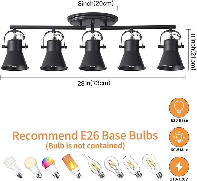 SEEBLEN 5-Light Track Lighting Kit, Directional Ceiling Light, Industrial Black Kitchen Track Lighting Fixtures Ceiling for Kitchen, Living Room, Dining Room, Hallway.