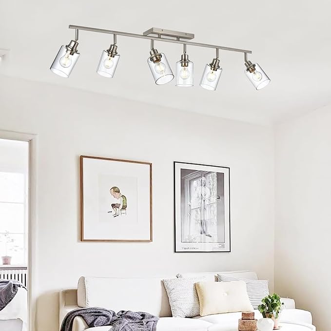 6 Light Track Lighting Fixture Brushed Nickel Track Lighting Kit | Ceiling Wall Mount Rotatable Spotlights with Clear Glass Shades, for Kitchen Island, Bathroom, Hallway, Shop