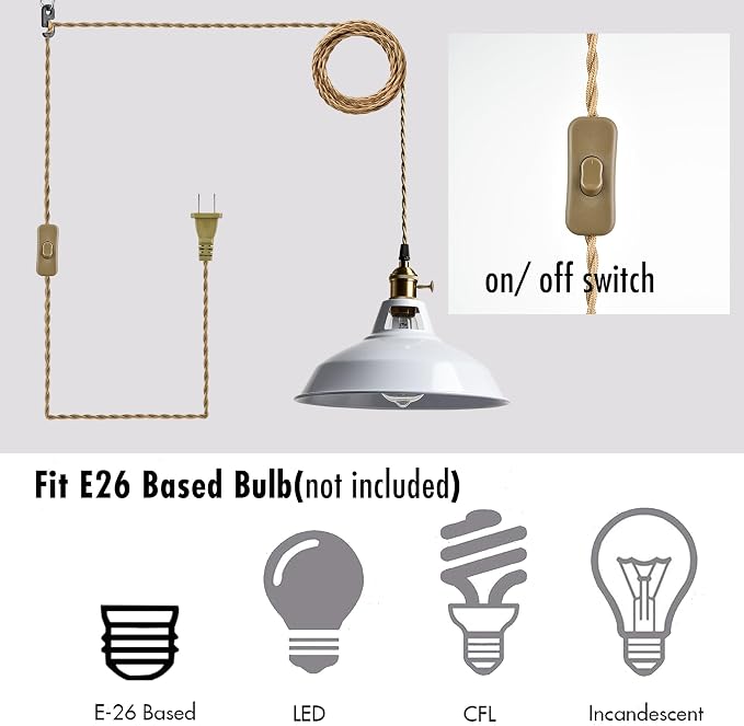 YUBOLE Nordic Plug in Pendant Light White Barn Shade with Dual Switches | 216.5" Plug Cord, Metal Barn Shade, On/off and Rotary Switches, E26 Removable Swag Light for Any Indoor Spaces
