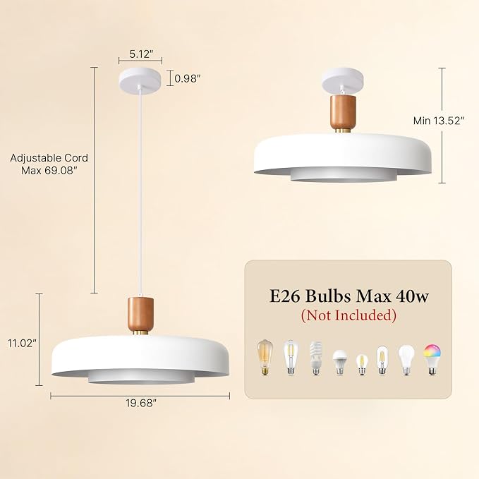 Mid Century White Pendant Light: 20" 2-Tiered Modern Nordic Metal Lighting | Wood Brass Iron Hanging Ceiling Light, Kitchen Pendant Lighting Over Island, Dining Room Bedroom Hallway Entryway Chandelier