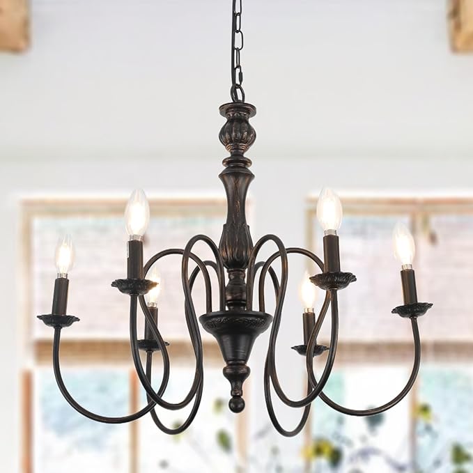 6-Lights Black Chandelier Mid Century Modern Candle Style Orb Oil Rubble Black Chandelier Light Fixture Vintage Chandeliers for Dining Room, Kitchen, Living Room, Bedroom, E12