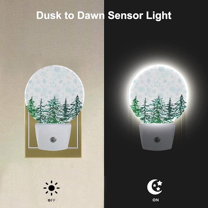 EKOBLA Winter Pine Trees Woodland Night Light Snow Falling Snowflakes Green Woods Plug-in Nightlights Auto Sensor LED for Men Women Boys Girls Christmas Holiday Gift