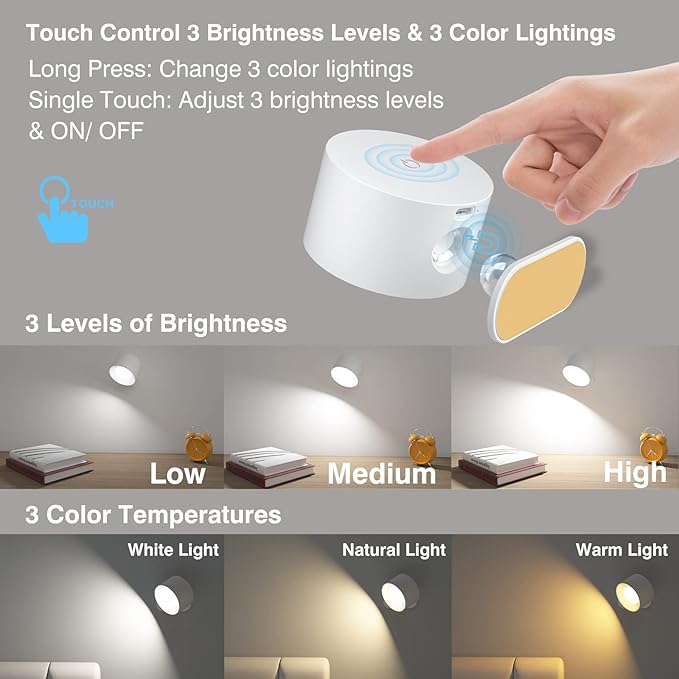 Battery Operated Wall Light, LED Lamp with 360° Adjustable Lighting Indoor 3 Color Modes Brightness Levels Touch Control, Mounted for Bedroom Reading Bedside - 1 Pack White