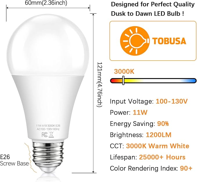 A19 Dusk to Dawn Sensor Light Bulbs Outdoor 100 Watt Equivalent, 11W Automatic On/Off LED Bulbs Warm White 3000K, 4-Pack 1200lumens Outdoor Smart Bulbs Photocell for Porch Garage Security, E26 Base