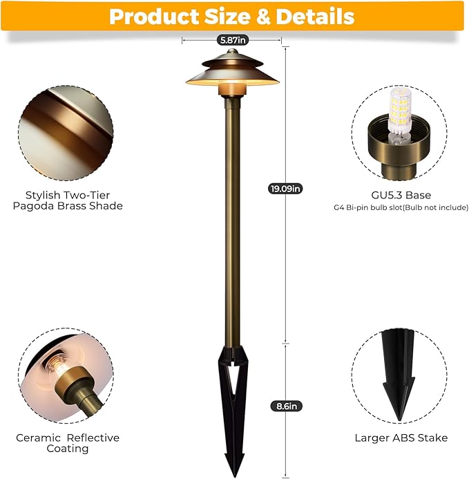 Solid Brass Low Voltage Landscape Pathway Lights (6'' Shade, 19'' Tall), 12V LED Heavy Duty Path Lighting Outdoor Wired, Waterproof Antique Bronze Walkway Light Without G4 Bulb, 4 Pack