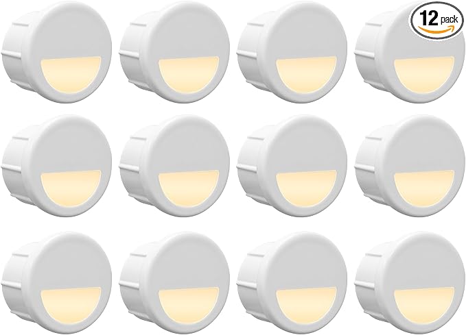 12 Pack Recessed Low Voltage Mini Size LED Step Riser Light, Φ1 Halfmoon Landscape Lighting for Outdoor Deck Stair Railing Post, 12V 3000K Die-cast Aluminum, White