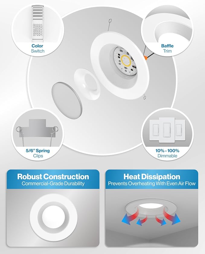 Sunco LED Recessed Lighting 6 Inch, Retrofit Can Lights, 965LM, 13W (100W Equivalent), Selectable CCT 2700K/3000K/3500K/4000K/5000K, Dimmable, Baffle Trim, Damp Rated UL 4 Pack